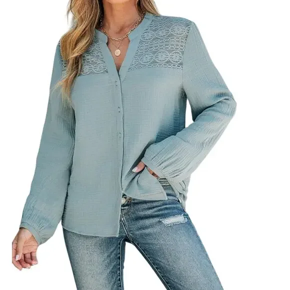 NWT CUPSHE Floral Lace Gauze Button Front Shirt Size XS - Picture 1 of 9